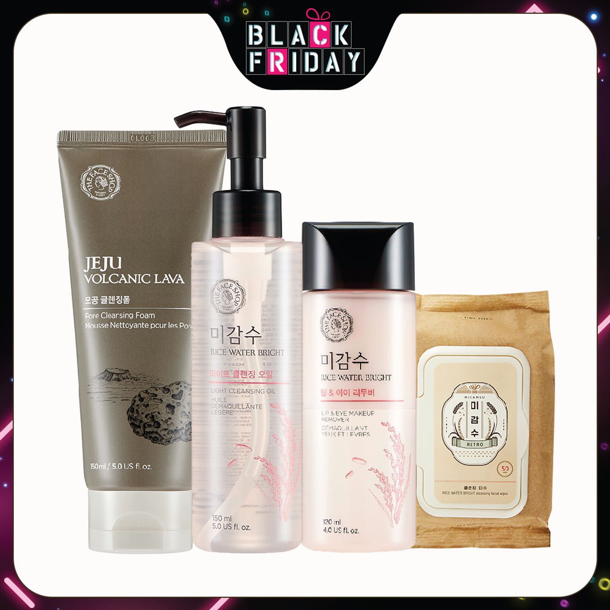 bo-san-pham-lam-sach-va-sang-da-thefaceshop-rice-water-bright-cleansing-wipes-1-khan-giay-tay-trang-1-sua-rua-mat-1-tay-trang-mat-moi-1-dau-tay-trang-1