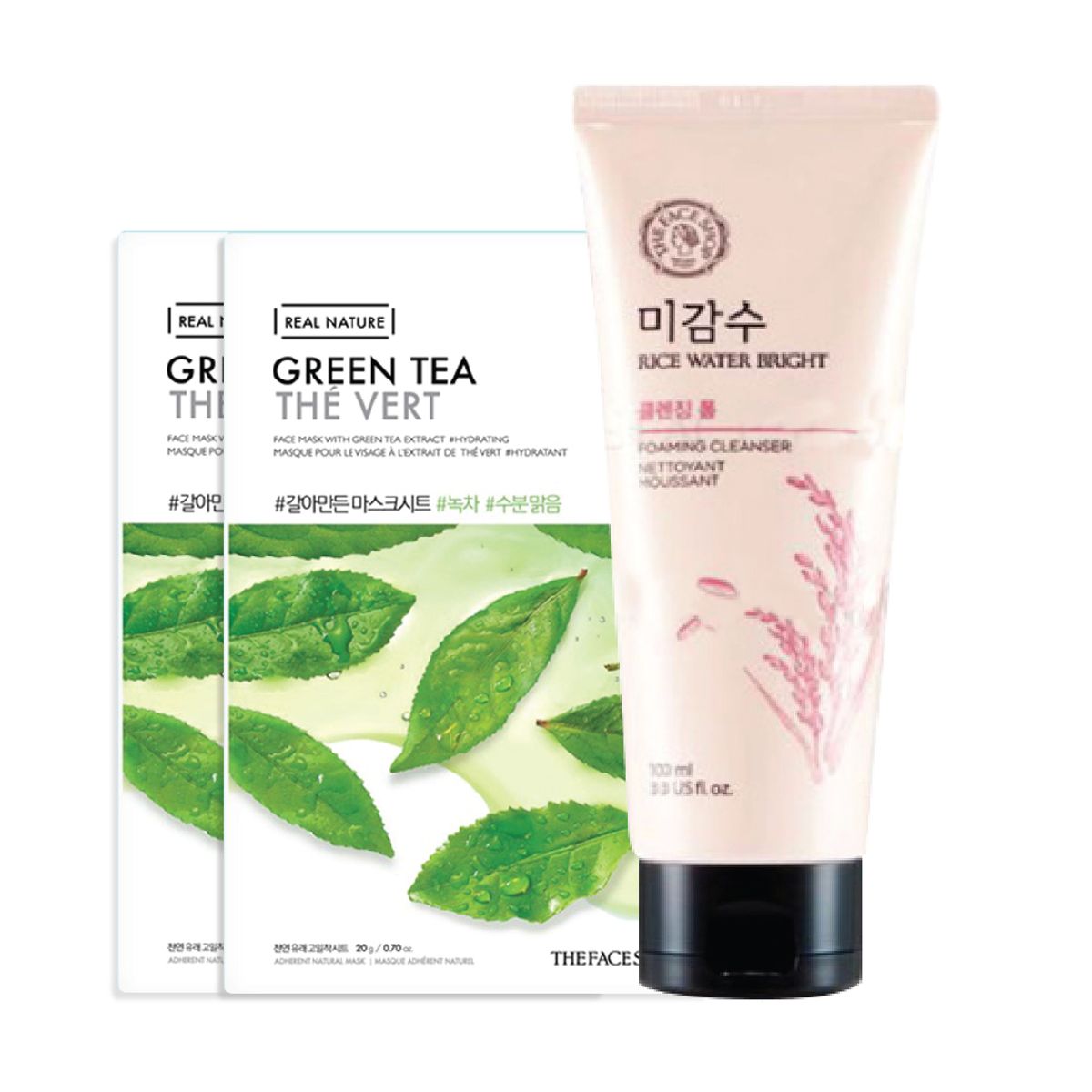 gift-sua-rua-mat-lam-sang-da-thefaceshop-rice-water-bright-cleansing-foam-100ml-3-mat-na-thefaceshop-real-nature-green-tea-face-mask-1