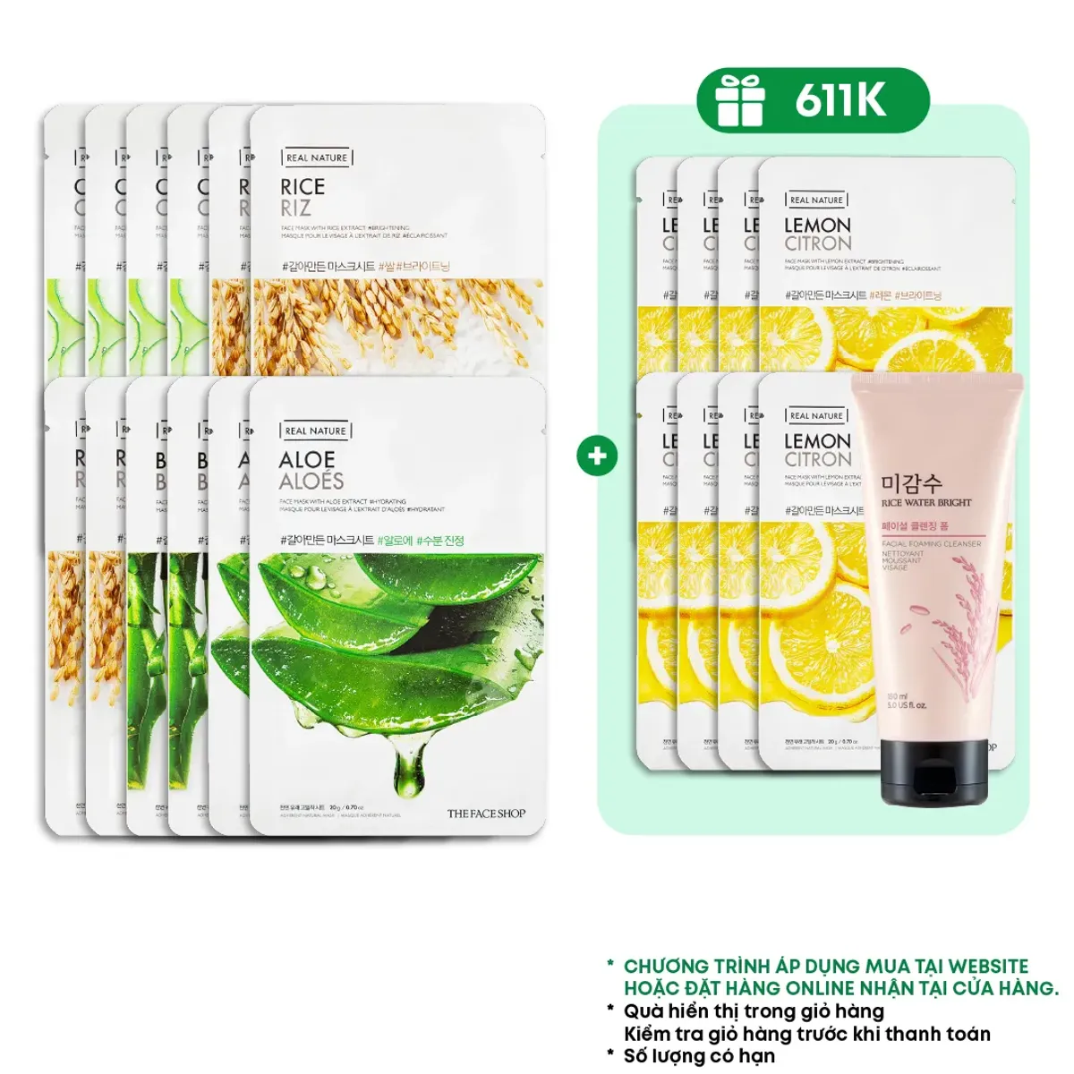 combo-10-mat-na-best-seller-cham-soc-da-moi-ngay-the-face-shop-real-nature-20g-mix-nhieu-loai-sua-rua-mat-gao-150ml-1