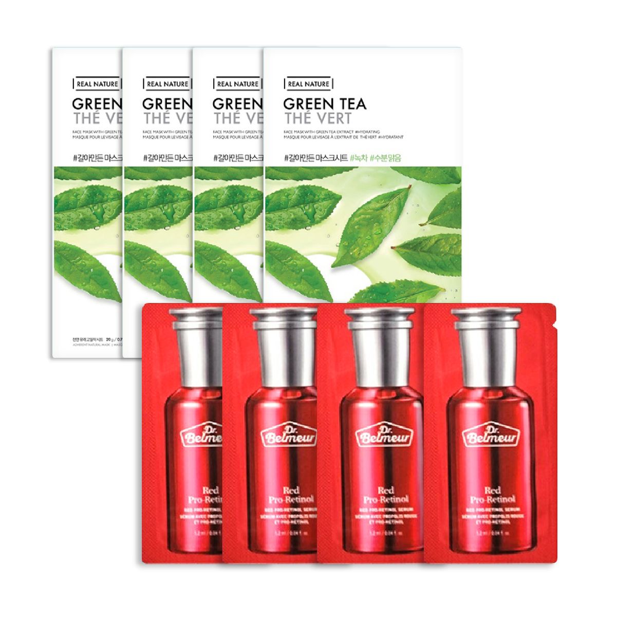 gift-combo-4-mat-na-duong-cho-da-mun-real-nature-green-tea-tinh-chat-dr-belmeur-red-pro-retinol-8pcs-1