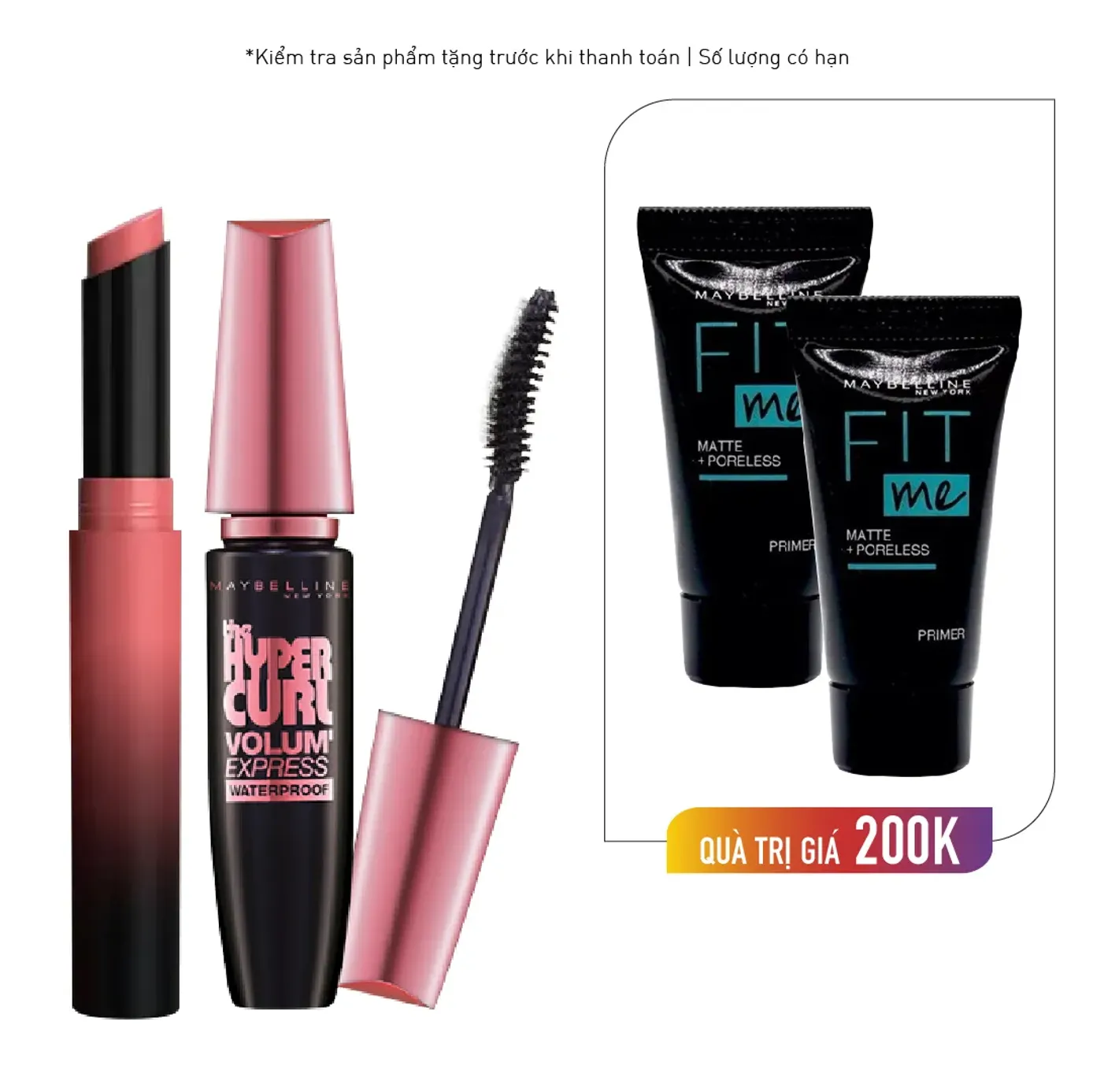 Combo Mascara Cong Dài Mi Maybelline Curl Volum 9.2ml & Son Thỏi Lì