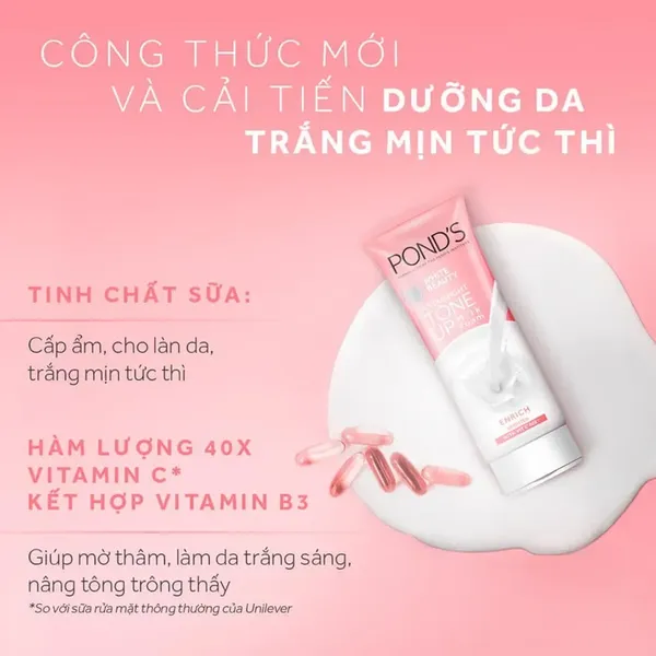 Sữa Rửa Mặt Dưỡng Sáng Hồng Da Ponds White Beauty Tone Up Milk Foam Cleanser 100g 