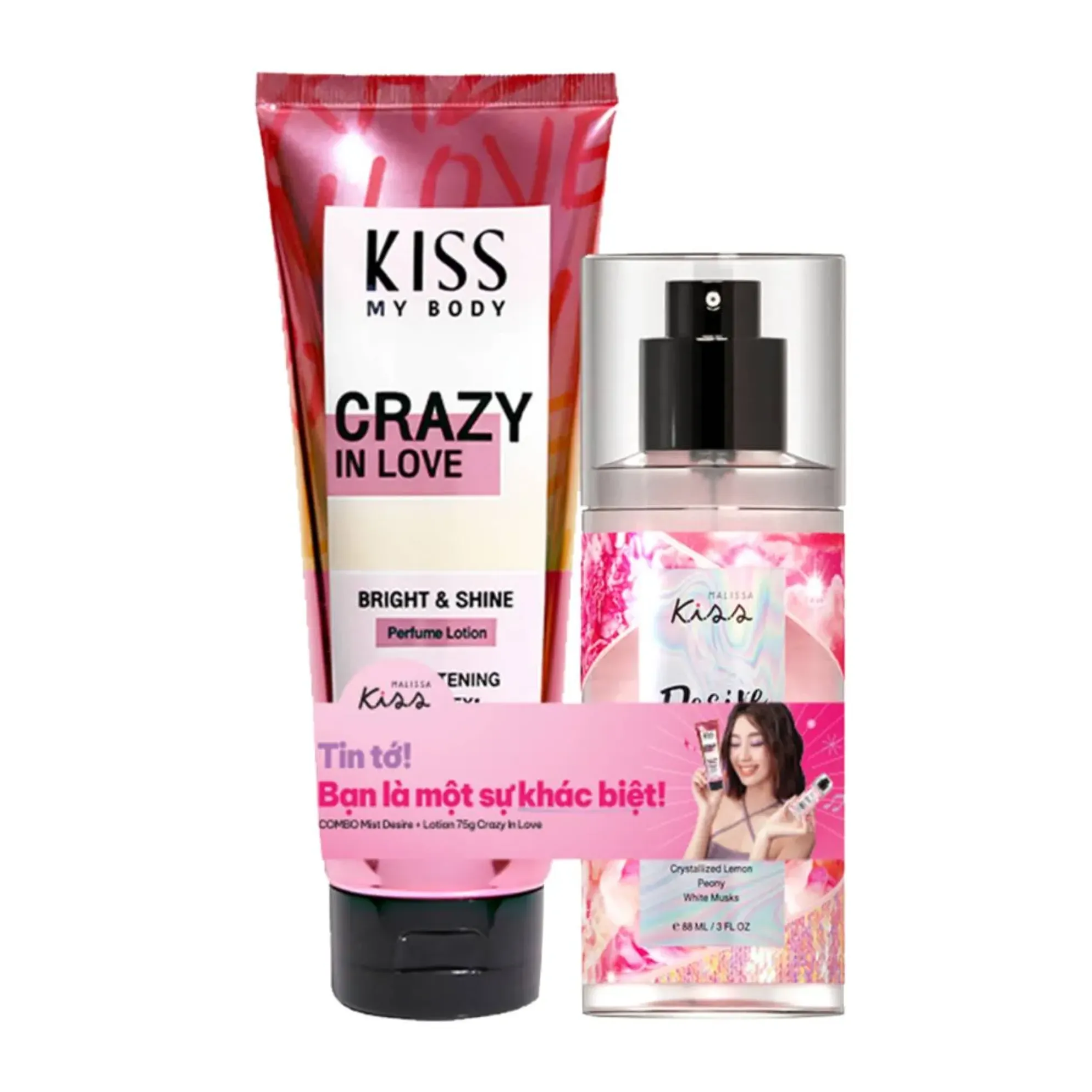 Bộ Đôi Xịt Thơm Cơ Thể Malissa Kiss Body Mist Desire 88ml Sữa