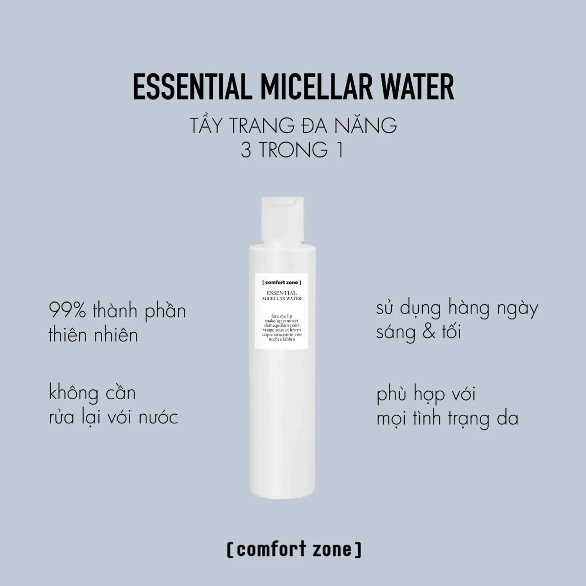 Nước Tẩy Trang Comfort Zone Dành Cho Mặt & Mắt, Môi Essential Micellar  Water 200ml