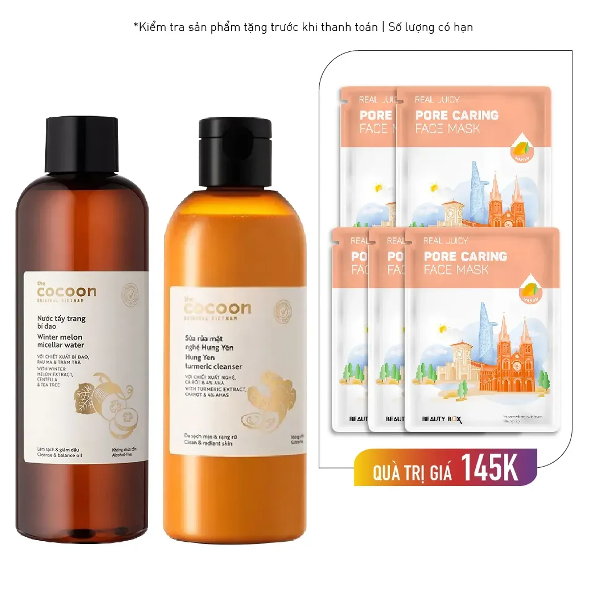 Combo Tẩy Trang & Rửa Mặt Làm Sáng Da Cocoon (Nước Tẩy Trang Bí Đao 500Ml +  Sữa Rửa Mặt Nghệ Hưng Yên 310Ml)