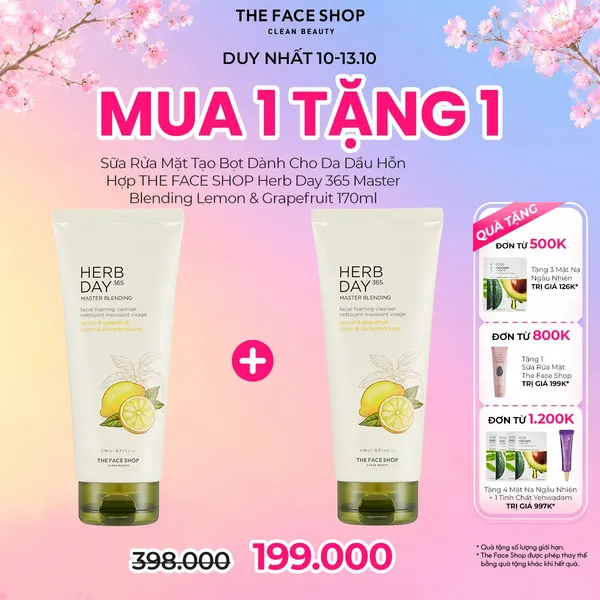 Sữa Rửa Mặt Tạo Bọt Dành Cho Da Dầu Hỗn Hợp THE FACE SHOP Herb Day 365 Master Blending Facial Foaming Cleanser Lemon & Grapefruit 170ml