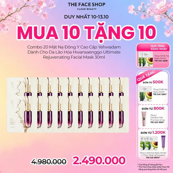 [Mua 10 Tặng 10] Combo 20 Mặt Nạ Đông Y Cao Cấp Yehwadam Dành Cho Da Lão Hóa Hwansaenggo Ultimate Rejuvenating Facial Mask 30ml