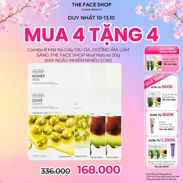 [MUA 4 TẶNG 4] Combo 8 Mặt Nạ Giấy DỊU DA, DƯỠNG ẨM, LÀM SÁNG THE FACE SHOP Real Nature 20g (MIX NGẪU NHIÊN NHIỀU LOẠI)