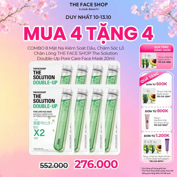 [MUA 4 TẶNG 4] COMBO 8 Mặt Nạ Kiểm Soát Dầu, Chăm Sóc Lỗ Chân Lông THE FACE SHOP The Solution Double-Up Pore Care Face Mask 20ml