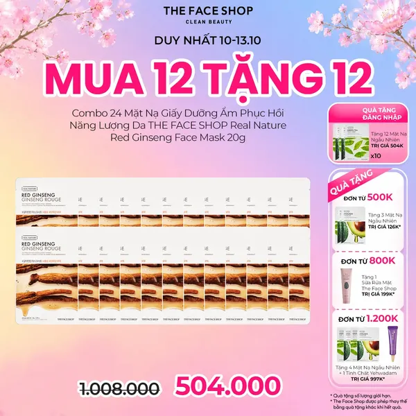 [Mua 12 Tặng 12] Combo 24 Mặt Nạ Giấy Dưỡng Ẩm Phục Hồi Năng Lượng Da THE FACE SHOP Real Nature Red Ginseng Face Mask 20g
