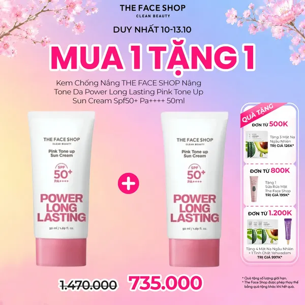 [ĐỘC QUYỀN ONLINE] MUA 1 TẶNG 1 – COMBO 2 Kem Chống Nắng THE FACE SHOP Nâng Tone Da Power Long Lasting Pink Tone Up Sun Cream Spf50+ Pa++++ 50ml
