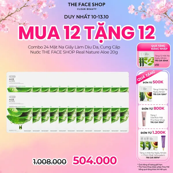 [MUA 12 TẶNG 12] Combo 24 Mặt Nạ Giấy Làm Dịu Da, Cung Cấp Nước THE FACE SHOP Real Nature Aloe 20g