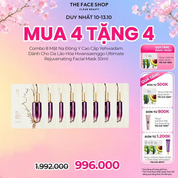 [Mua 4 Tặng 4] Combo 8 Mặt Nạ Đông Y Cao Cấp Yehwadam Dành Cho Da Lão Hóa Hwansaenggo Ultimate Rejuvenating Facial Mask 30ml