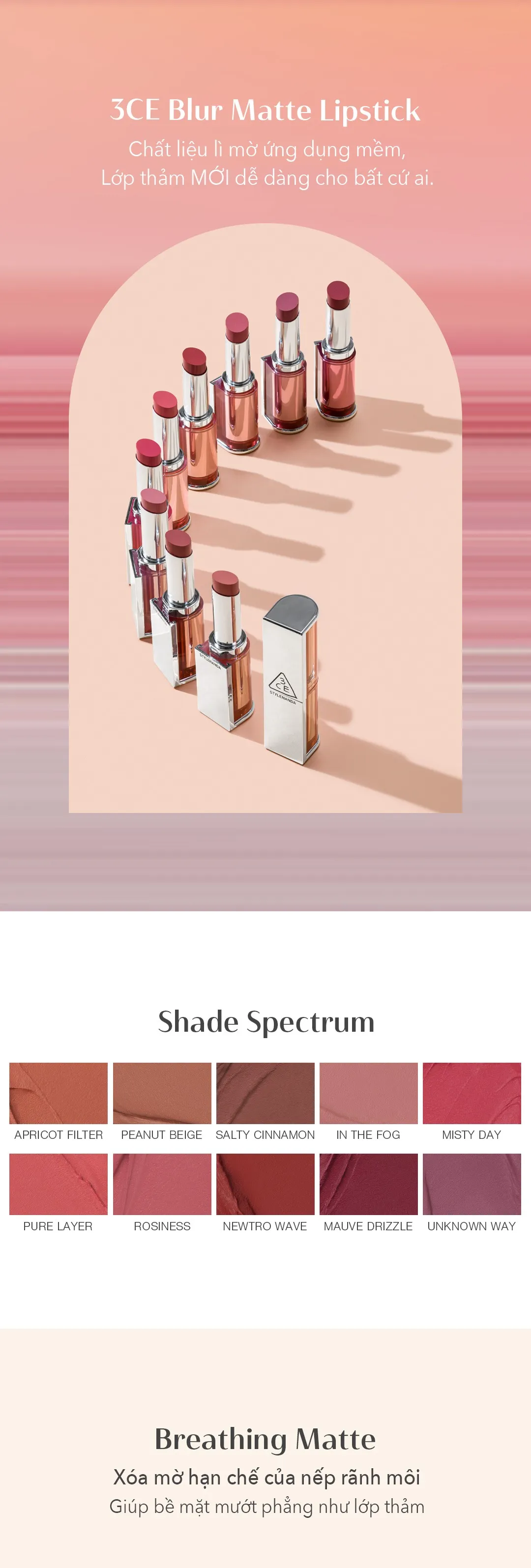 3CE Blur Matte Lipstick” – Bộ sưu tập son “mịn – mờ