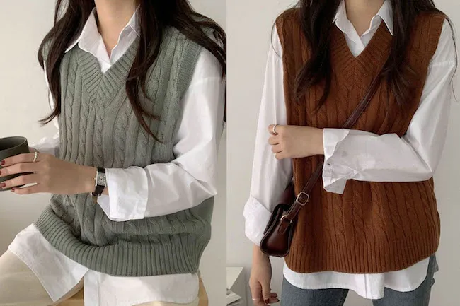 Phối áo gile len cùng áo sơ mi chuẩn style Idols Hàn Quốc