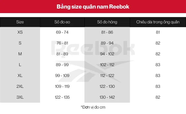 Bảng size quần nam Reebok giúp bạn lựa chọn chuẩn xác size quần